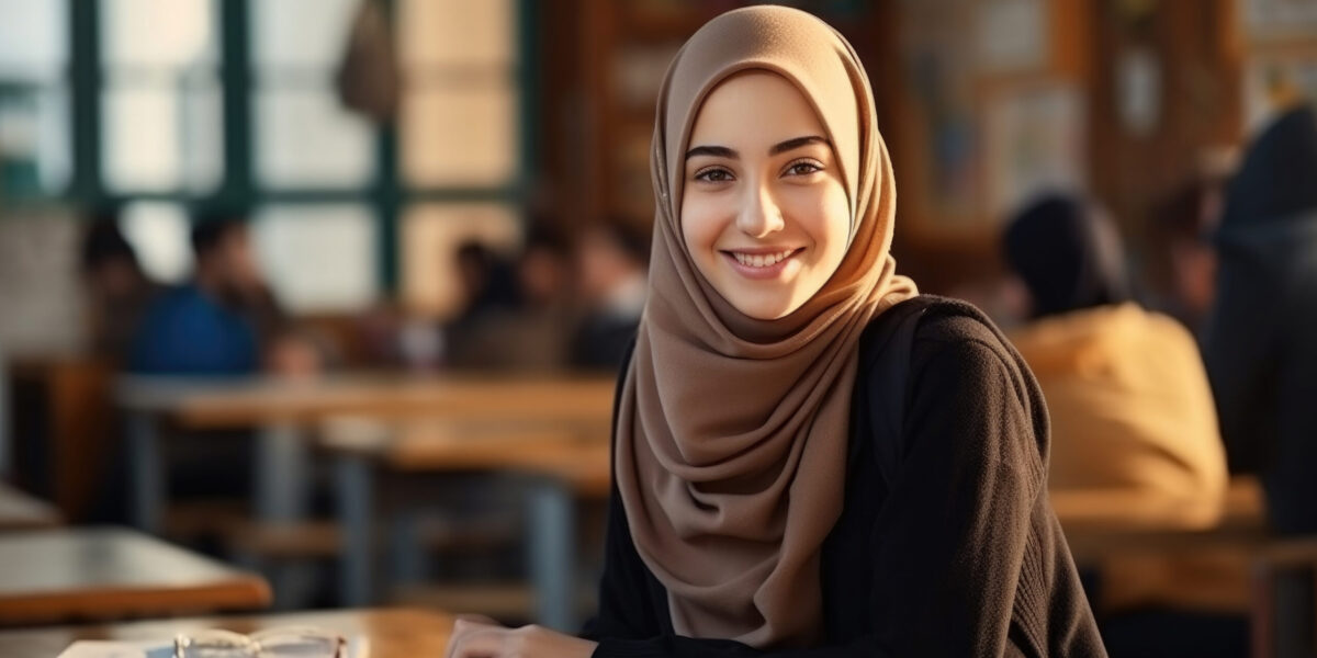 Back to school. Middle eastern muslim school female teenage student posing at the classroom looking at the camera